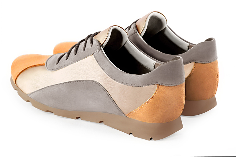 Marigold orange, gold and pebble grey women's three-tone elegant sneakers. Round toe. Flat rubber soles. Rear view - Florence KOOIJMAN
